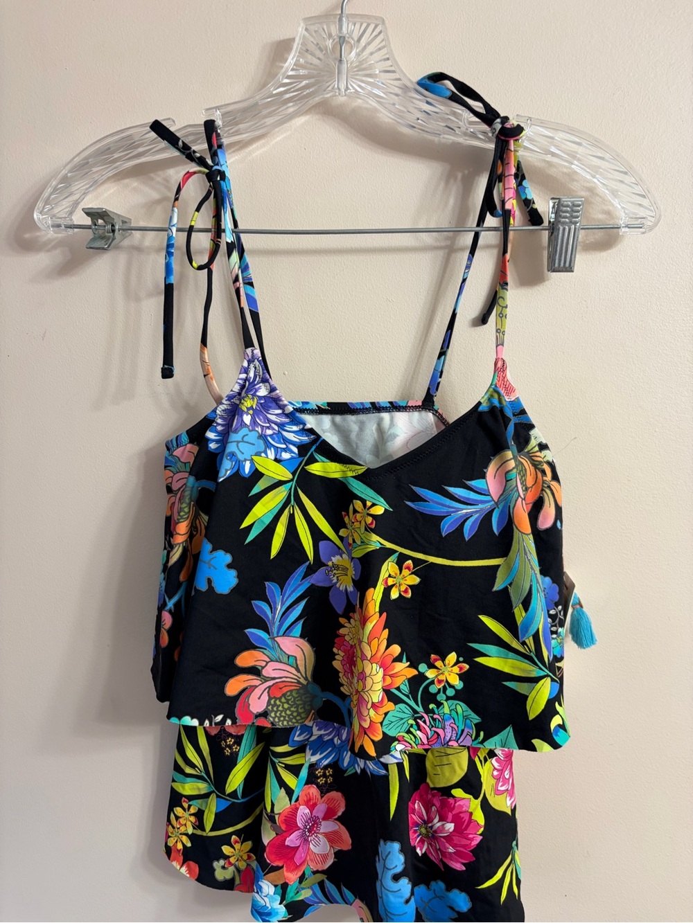 Johnny Was Black Floral Ruffle Tankini Top with Neon Green & Blue Accents